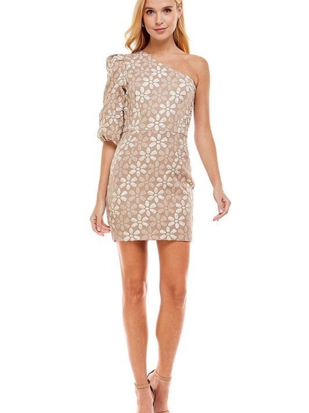 TCEC One-Shoulder Floral Lace Mini Dress in Beige and White